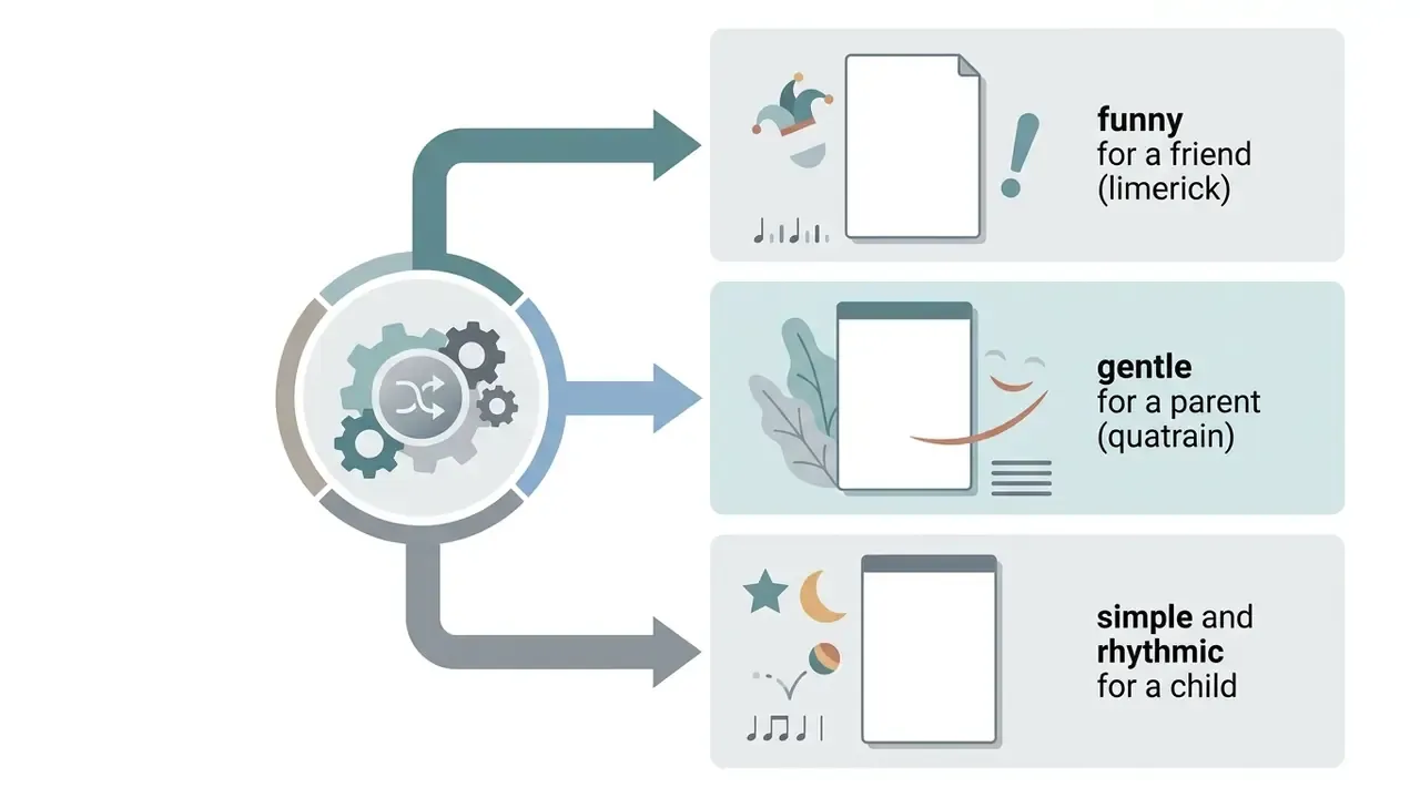 Central gear mechanism directing three distinct styles of verse to specific recipients