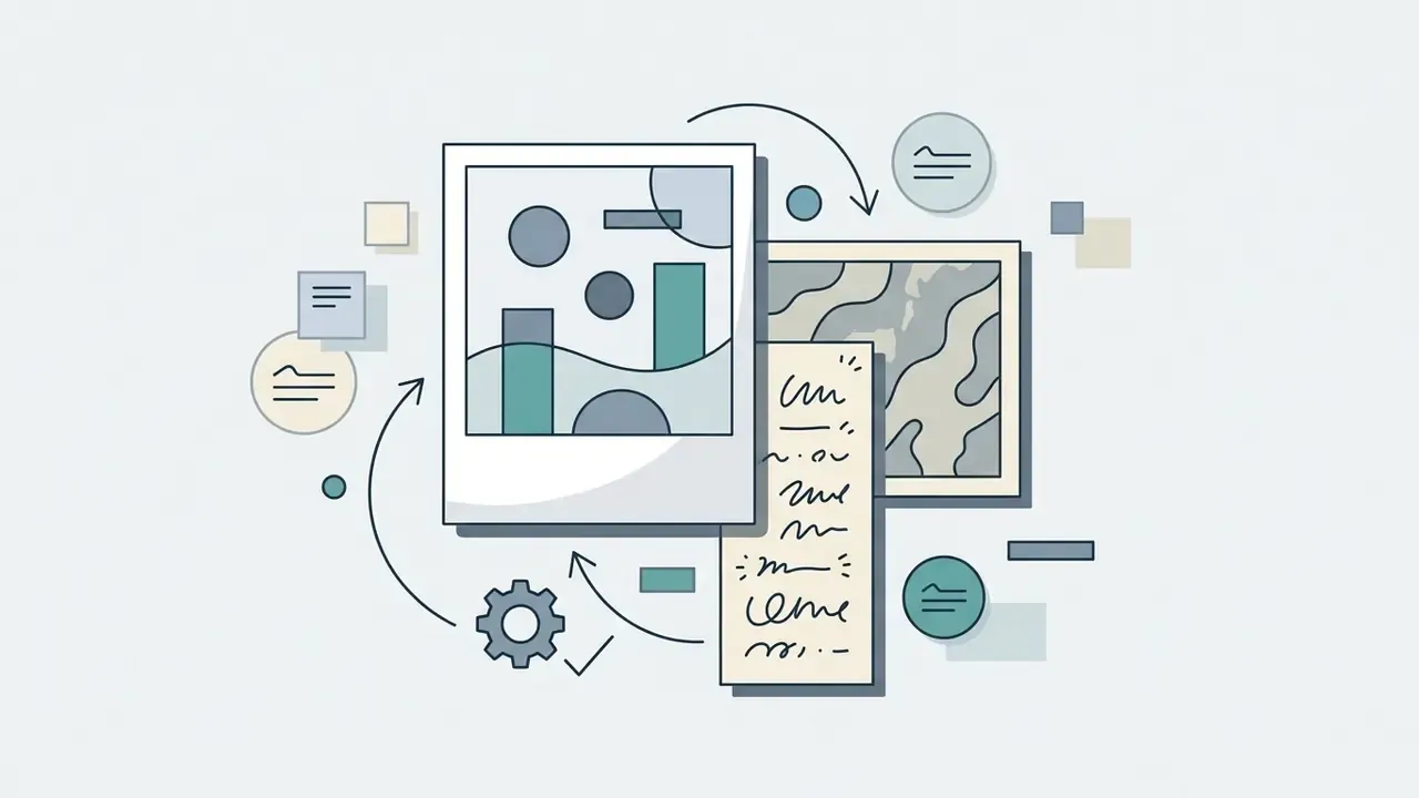 Polaroid frame and document with handwritten text connected by circular arrows and a gear icon