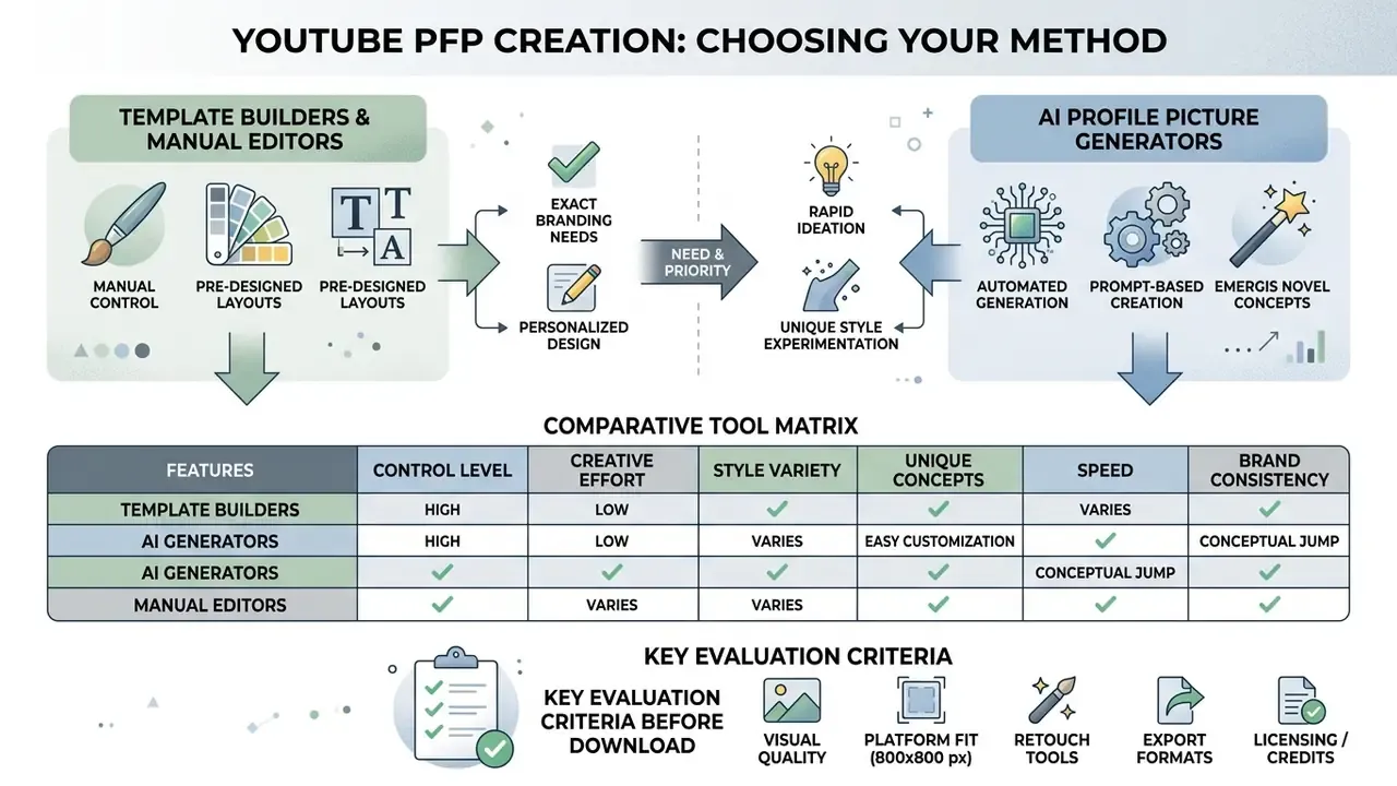 Comparison matrix between manual YouTube PFP maker tools and AI generators based on features and evaluation criteria