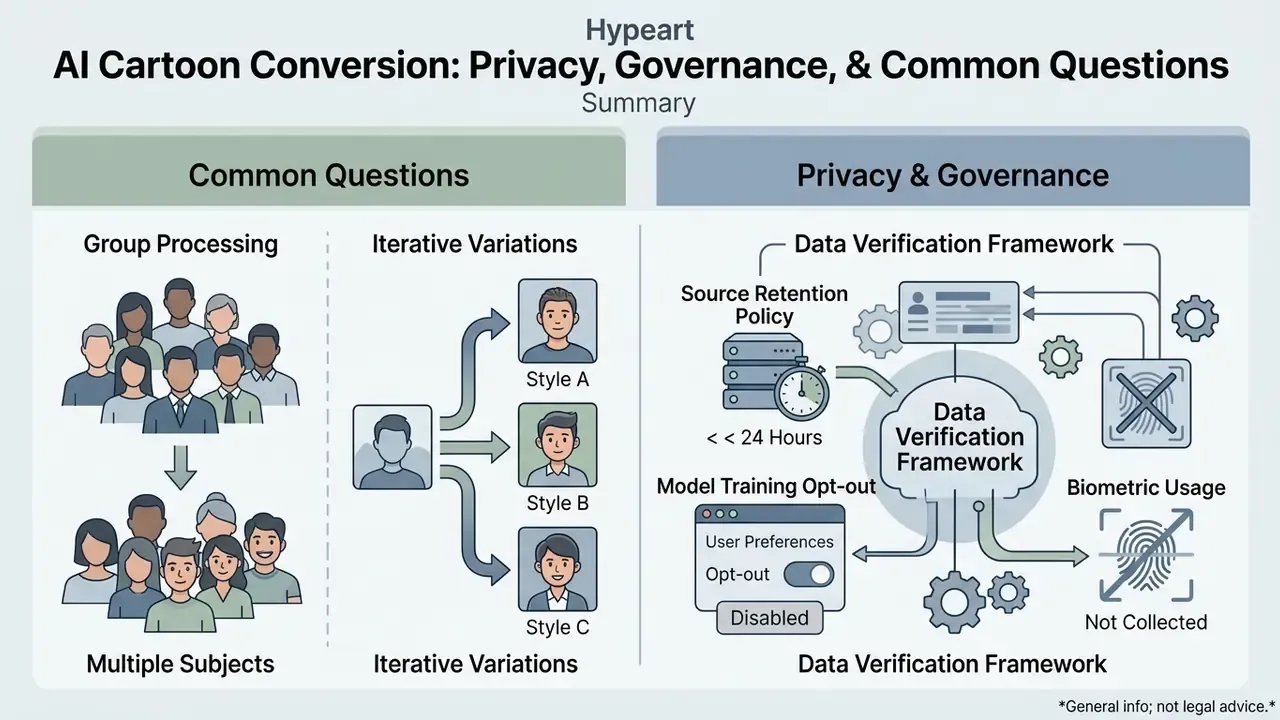 Summary of group processing, iterative style variations, and data privacy governance for digital images