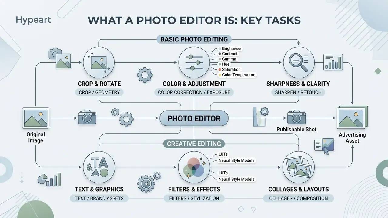 Flowchart showing basic and creative editing tasks that transform an original image into a finished asset