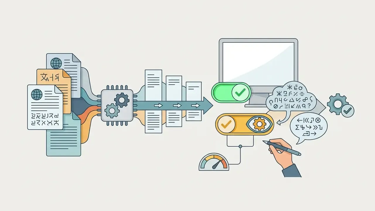 Documents flowing into a processor to be reviewed and corrected by a hand holding a pen