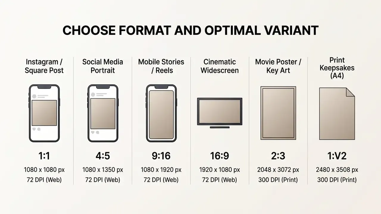 Table listing aspect ratios, pixel dimensions, and DPI settings for various digital and print formats