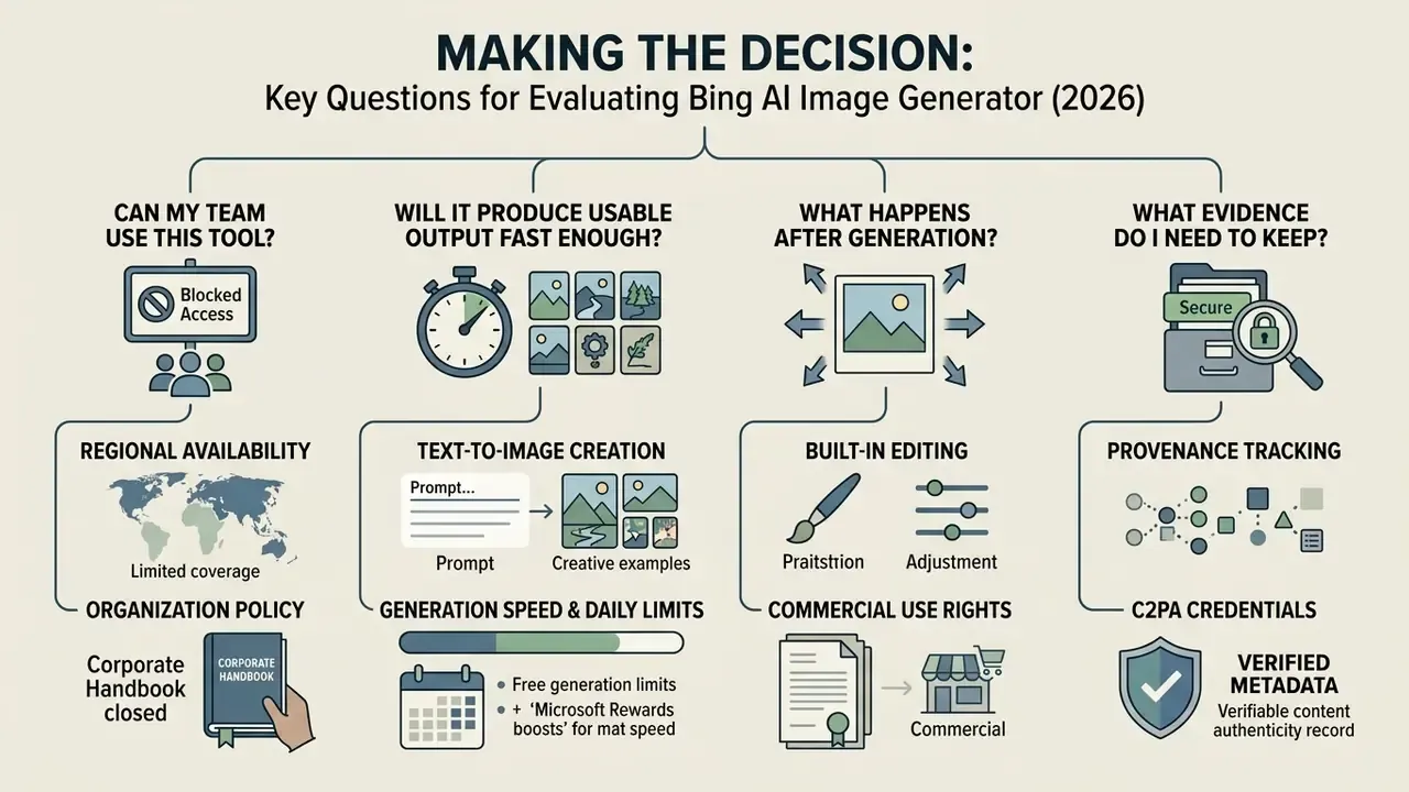 Flowchart outlining four key questions for evaluating the Bing AI image generator and its capabilities