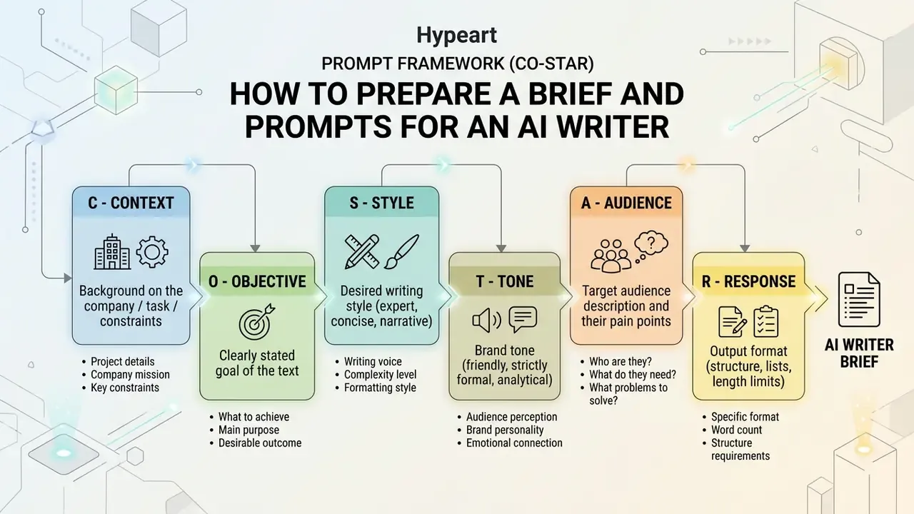 Six sequential steps labeled CO-STAR for defining context, objective, style, tone, audience, and response