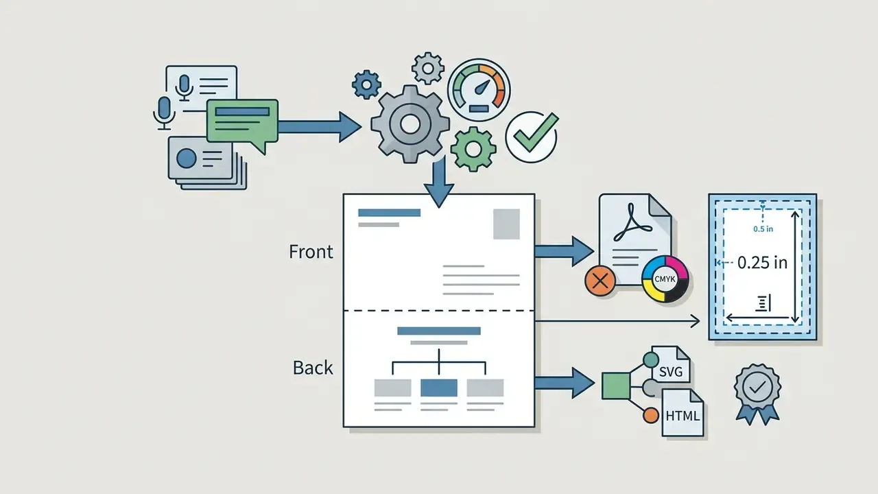 Voice prompts and gear mechanisms processing data into front and back card layouts with file export icons