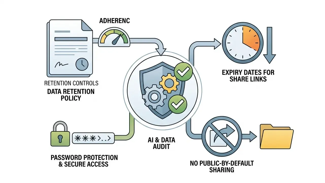 Process flow showing a central shield icon connecting data retention policies to link security settings