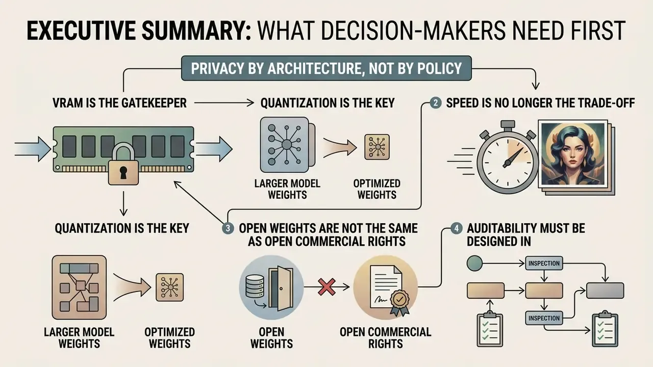 Flowchart detailing privacy by architecture for a local AI image generator through VRAM and model weights