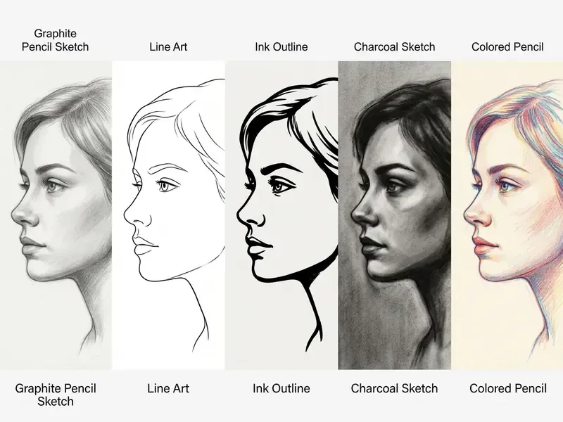 Five variations of a portrait rendered in graphite, line art, ink, charcoal, and colored pencil styles