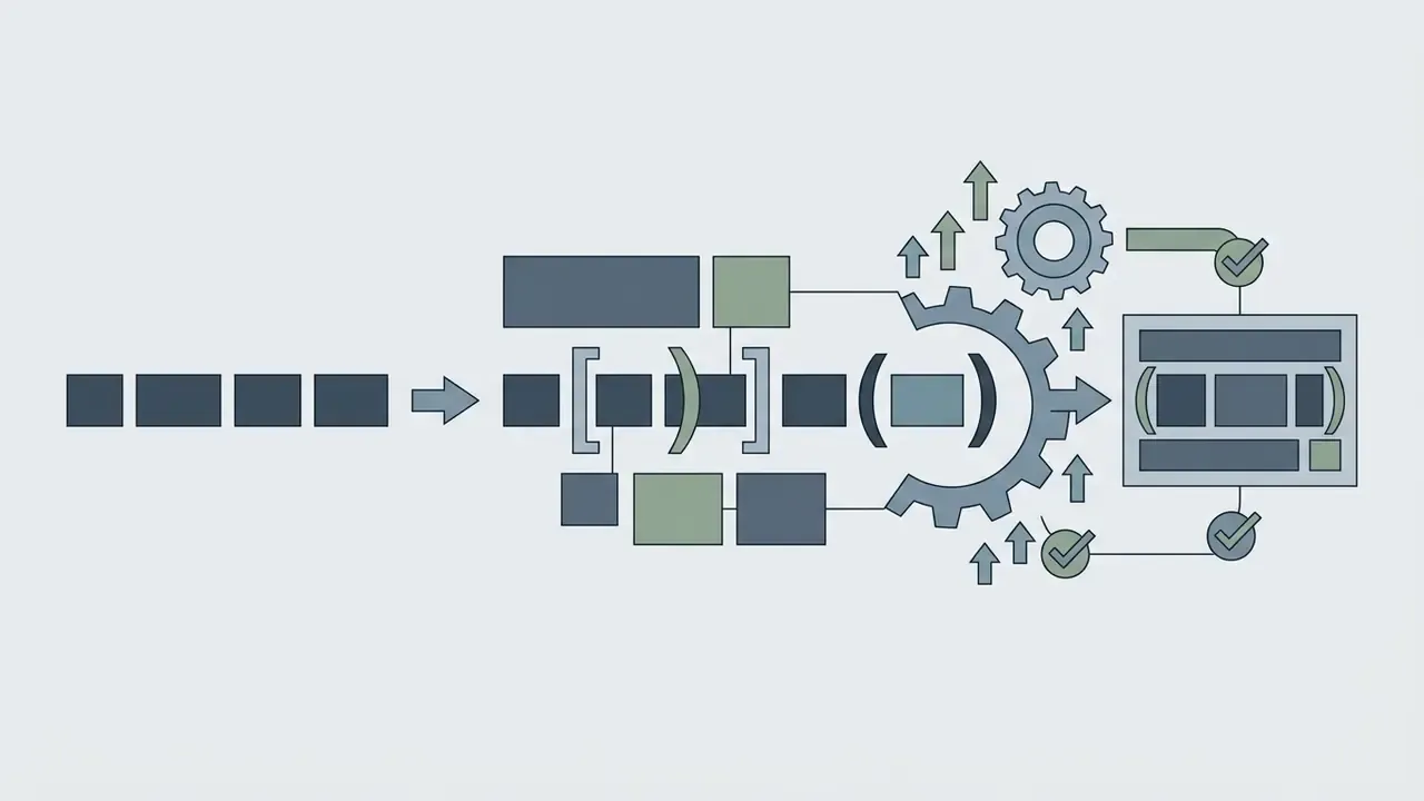 Process flow showing text blocks being refined by gears and punctuation marks into a final layout