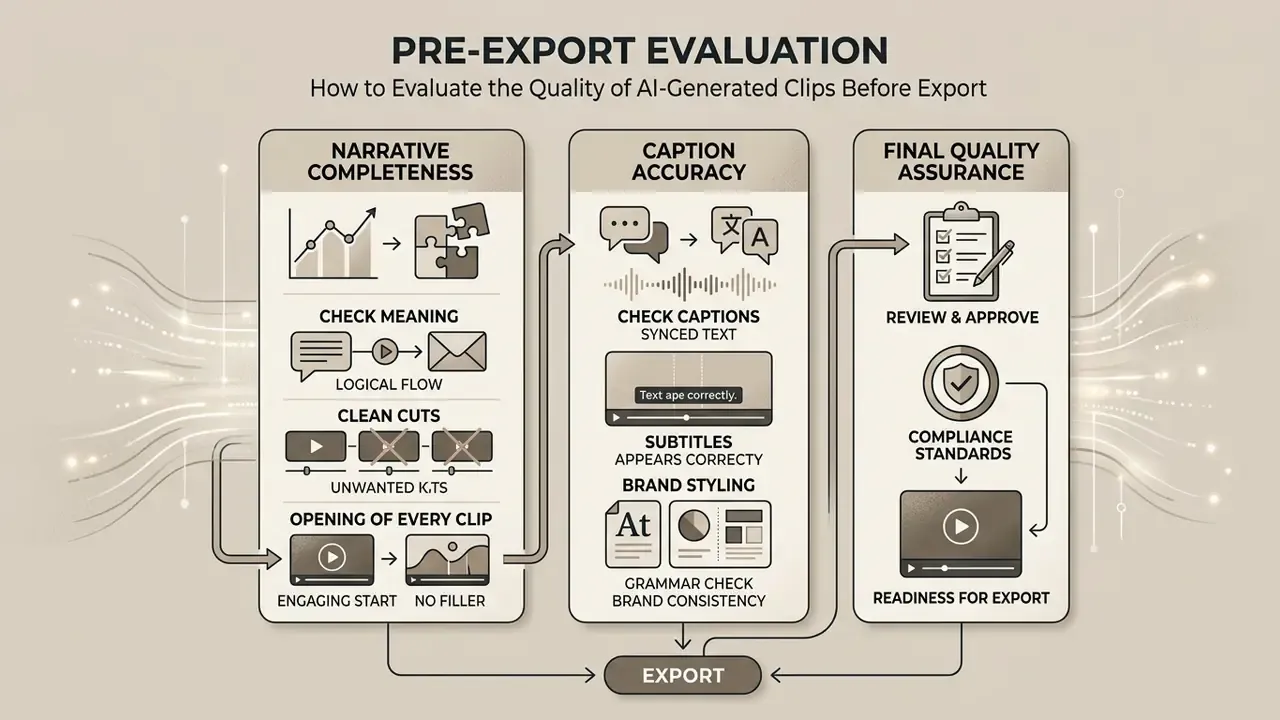 Three-step workflow for checking narrative completeness, caption accuracy, and final quality of video clips