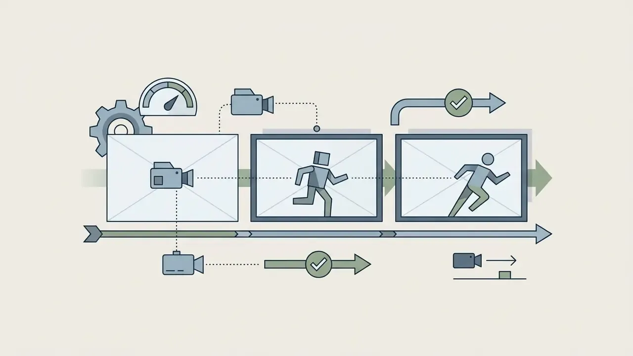 A camera tracking a running figure across three sequential frames with directional arrows