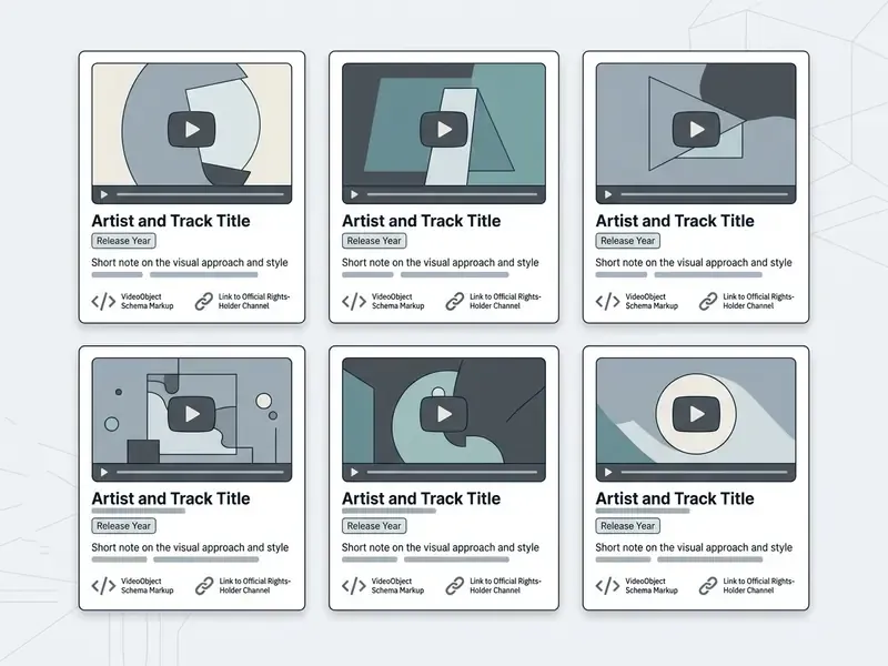 Grid of cards showcasing animated music videos with metadata, schema markup, and external channel links