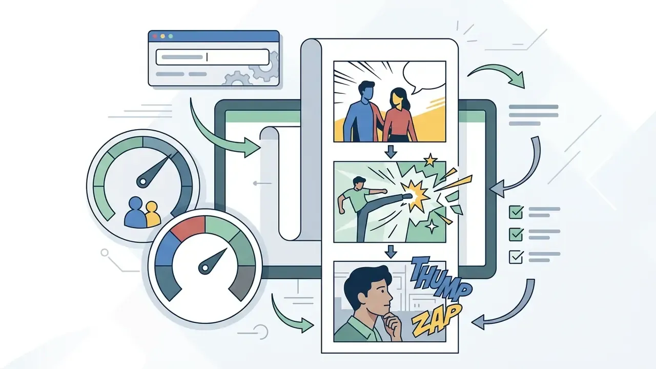Vertical strip of three comic panels showing character interactions alongside speed gauges and checklists