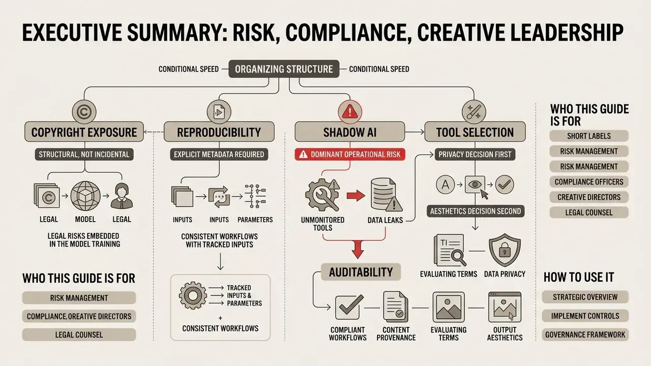 Flowchart outlining risk, compliance, and tool selection considerations for AI digital art workflows