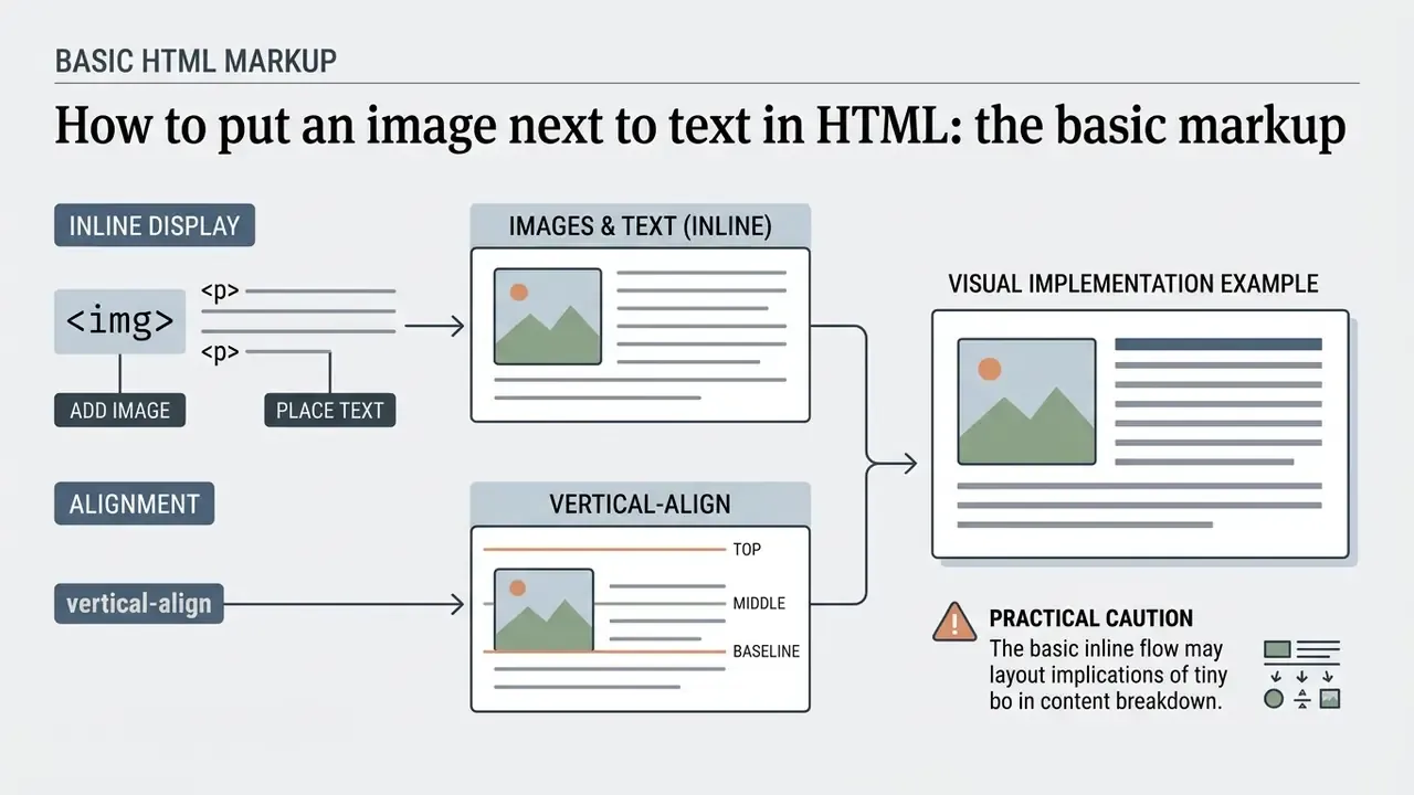 Infographic showing how to use img tags and vertical-align properties to position images next to text