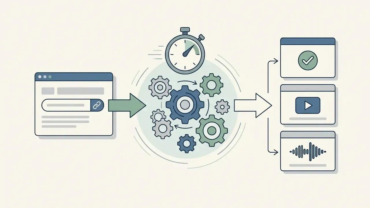 Browser link processing through gears and a timer to produce verified video and audio file outputs