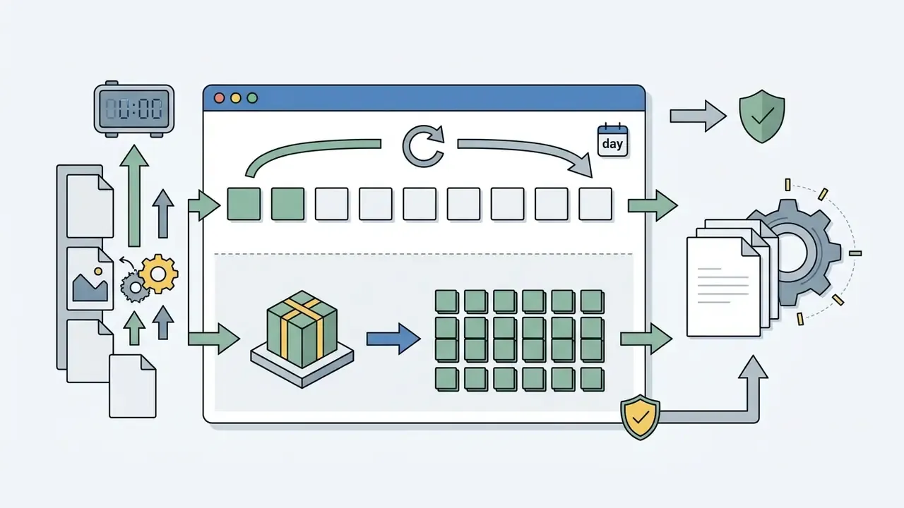 Files moving through a browser interface with daily credit counters and a gift box of processing units