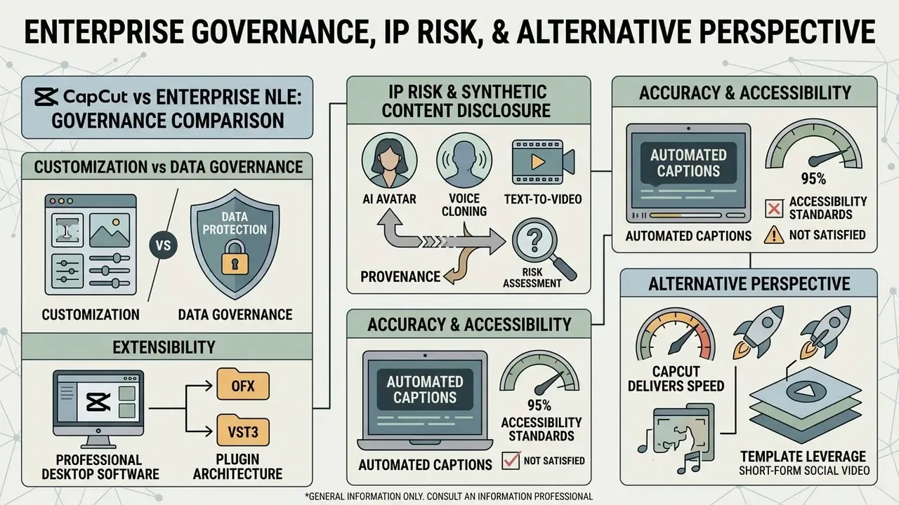 Diagram comparing CapCut video editor features against enterprise governance and IP risk requirements