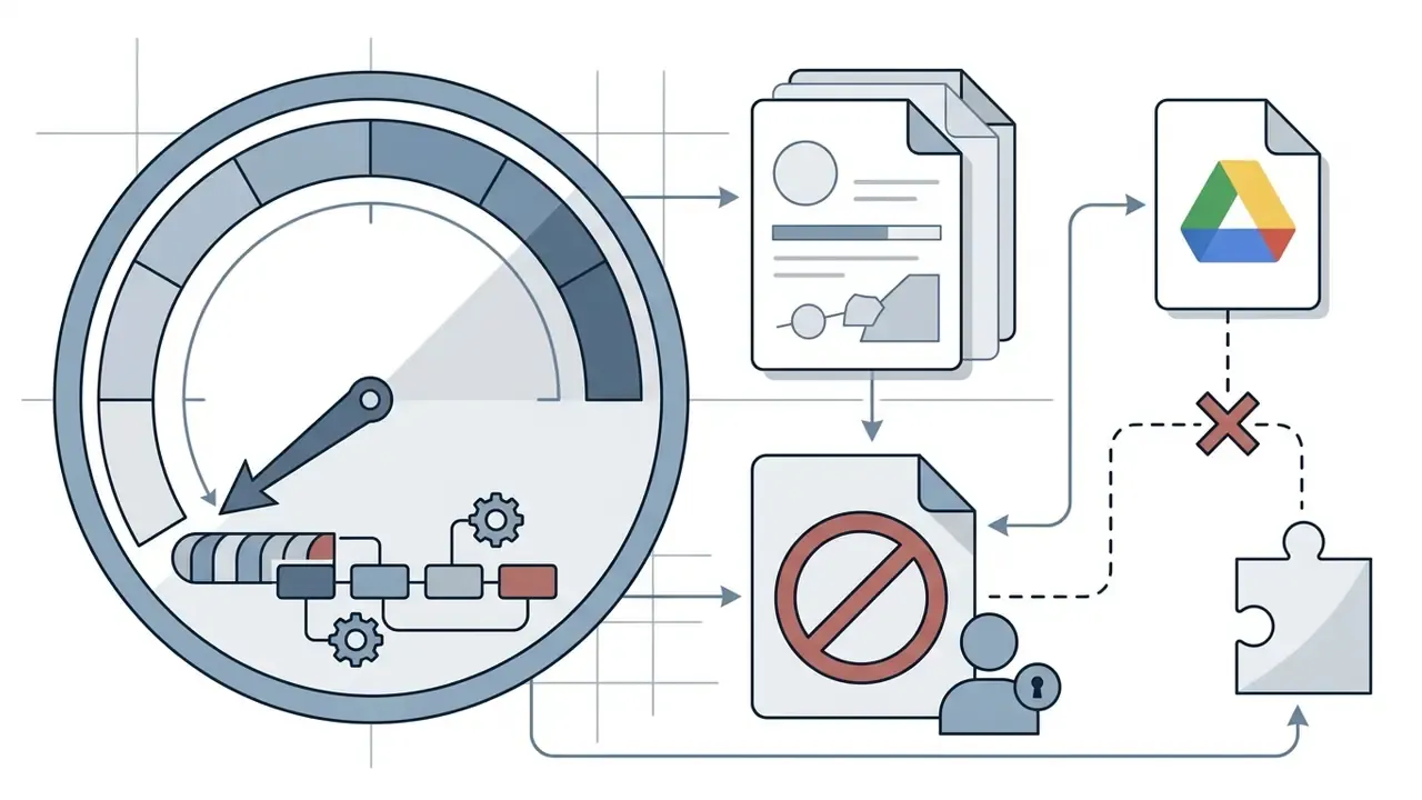 Speedometer gauge indicating a slow rendering process for documents and blocked file exports