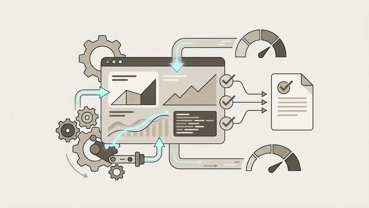 Gears and data streams feeding into a dashboard to generate verified presentation documents and metrics