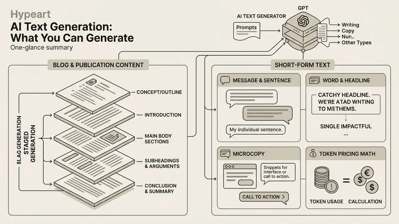 Diagram showing an AI text generator GPT creating long-form blog content and various short-form text types