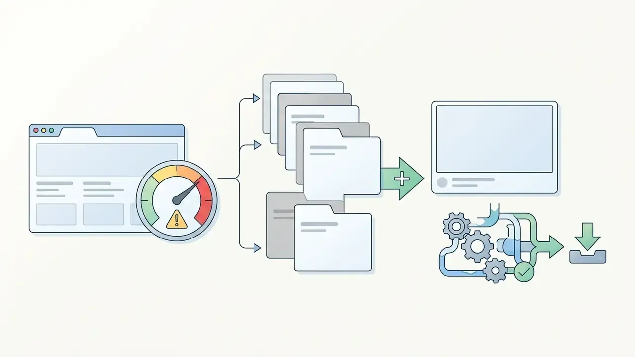 Browser window with a warning gauge connecting to stacked folders and a gear system for file downloads