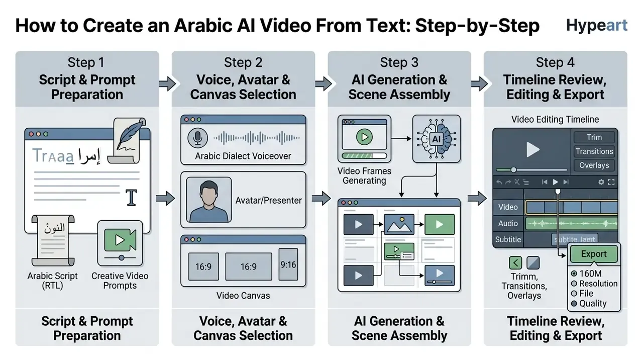 Four-step process diagram illustrating the workflow for creating an Arabic AI video from text