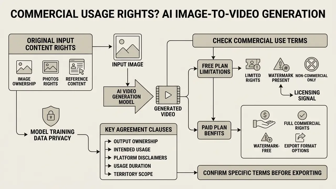 Diagram outlining the legal considerations and usage rights for image to video free generation tools