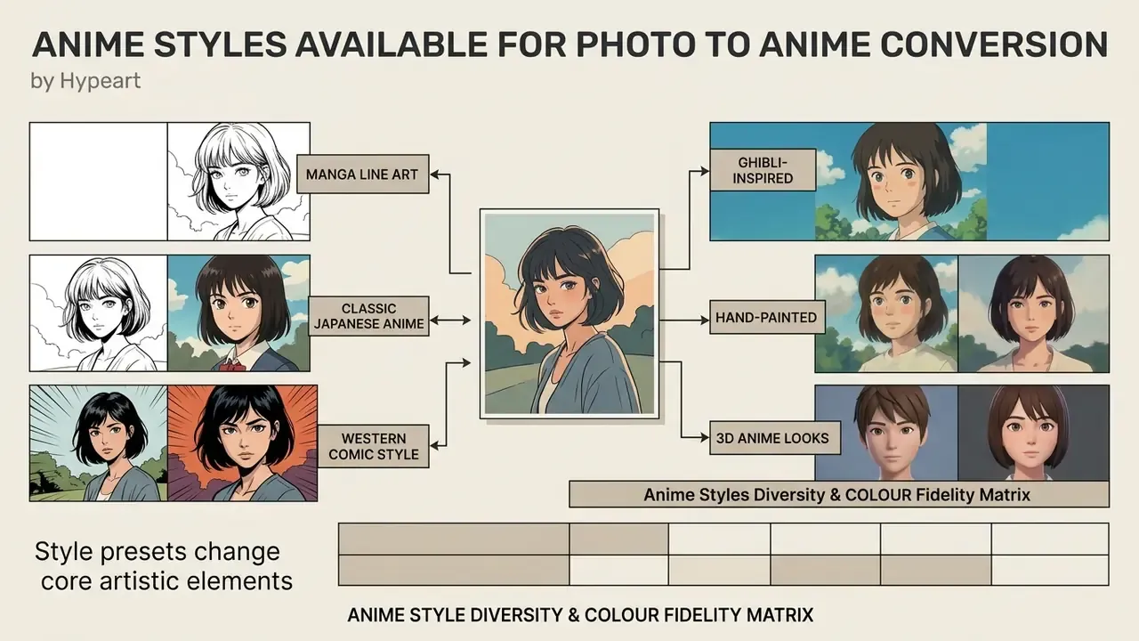 Infographic displaying a central portrait branching into six distinct anime and comic art style variations