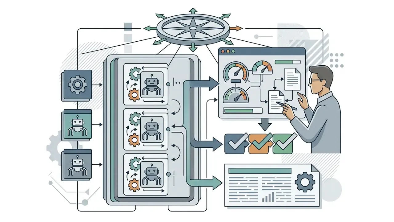 Specialist monitoring AI agent workflows through a dashboard with performance gauges and audit documents