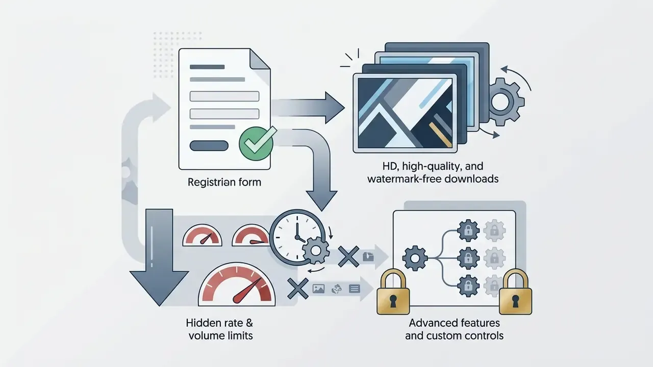 Cycle showing registration leading to downloads followed by usage limits and locked advanced features