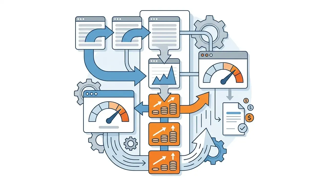 Flowchart showing data processing cycles, usage gauges, and financial impact of variable production volume