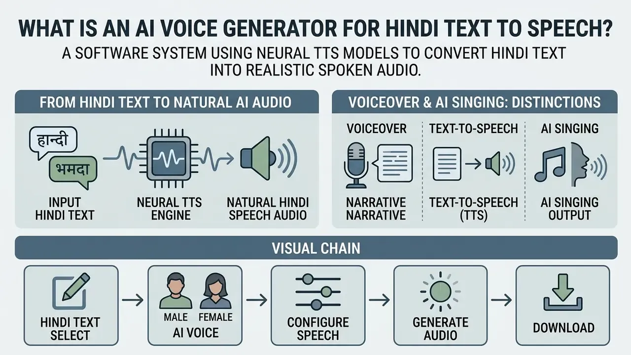 Infographic showing the neural pipeline for converting Hindi text into natural AI voice audio