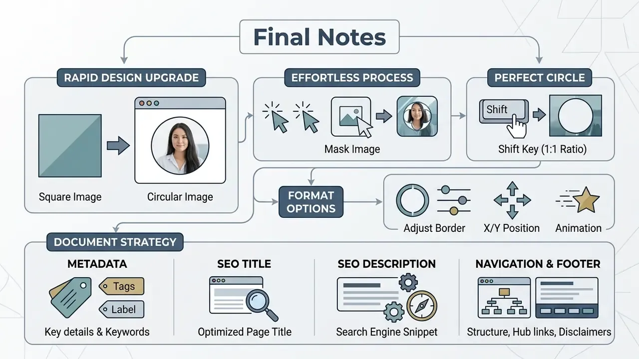 Summary of circular image design steps and document strategy including metadata and SEO elements