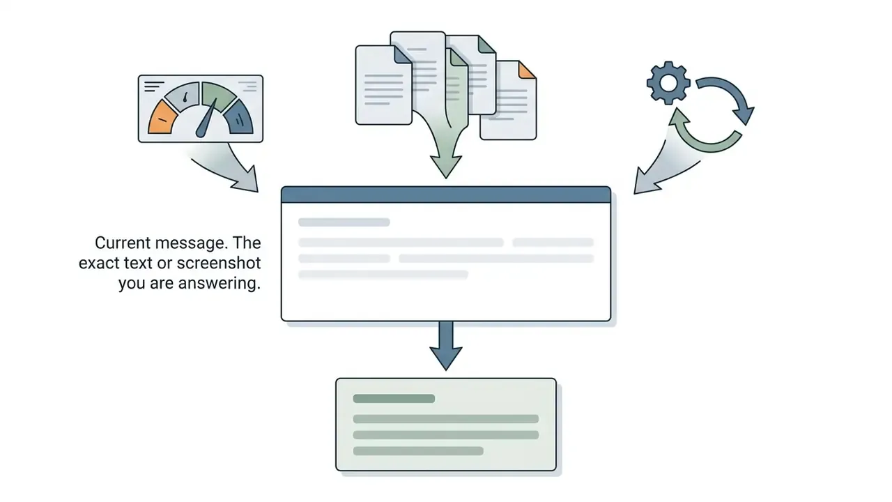 Central text box receiving input from documents, a gauge, and a gear icon to produce a final message