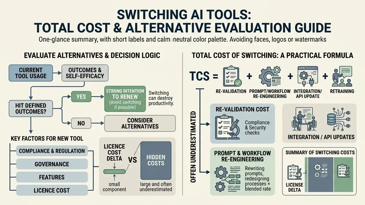 Diagram comparing decision logic for AI tool renewal against a formula for calculating switching costs