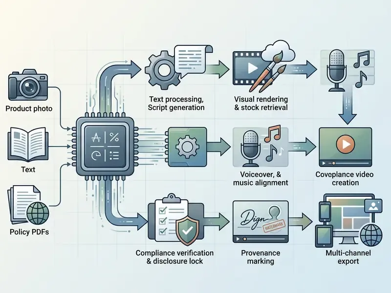 Sequential process flow showing data inputs moving through AI processing steps to final video distribution