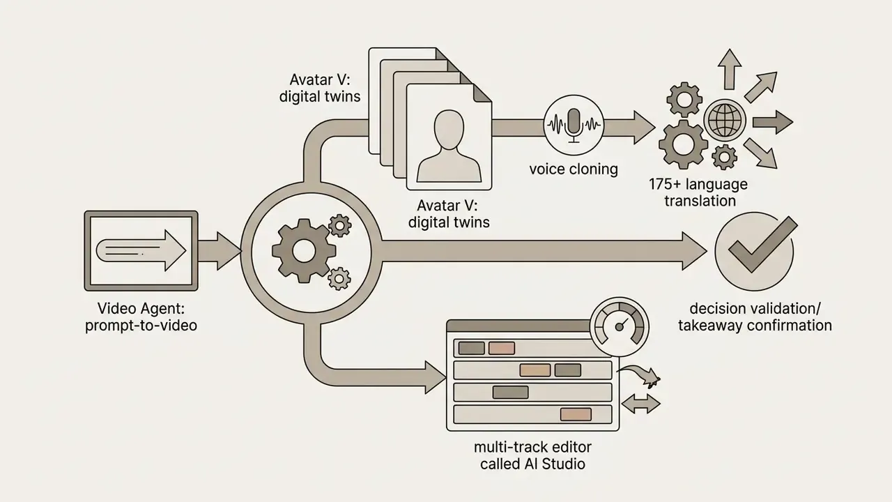 System map showing HeyGen AI video generator features branching into avatar, translation, and editing tools