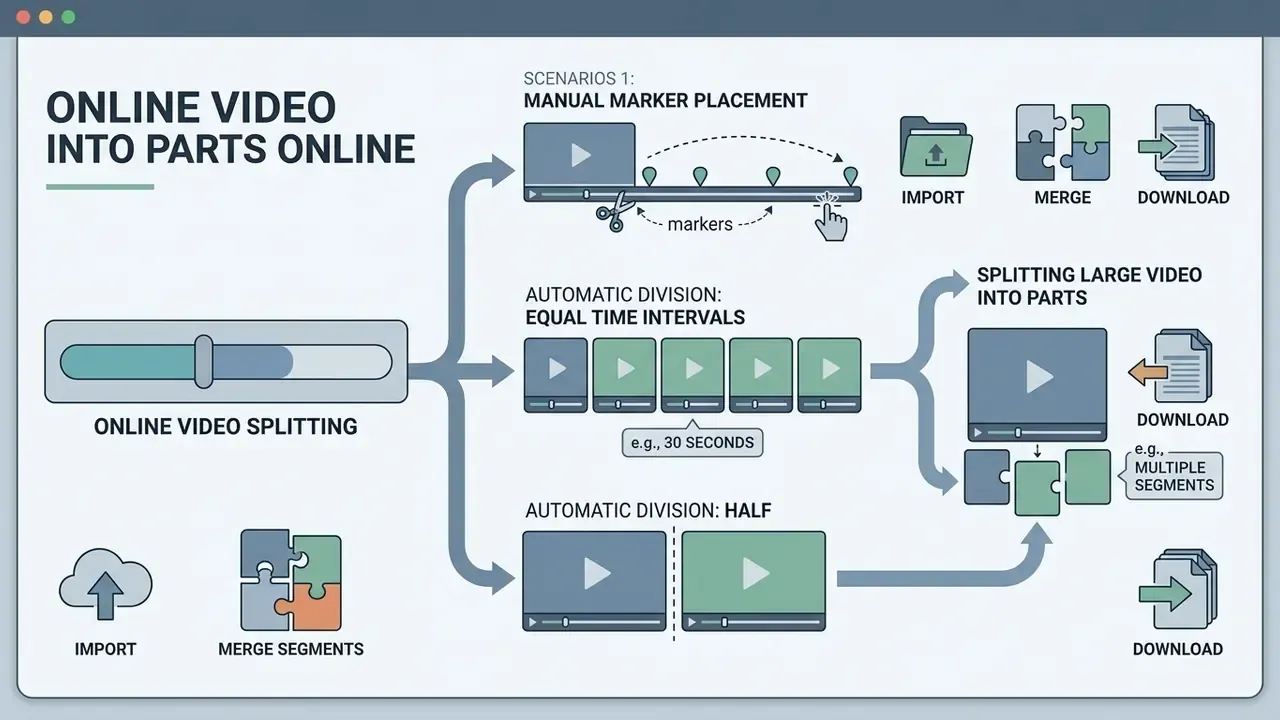 Diagram showing manual marker placement, equal time intervals, and half-division for cutting video files