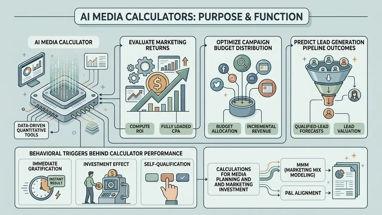 Infographic showing how AI Media Calculators evaluate returns, optimize budgets, and predict lead outcomes