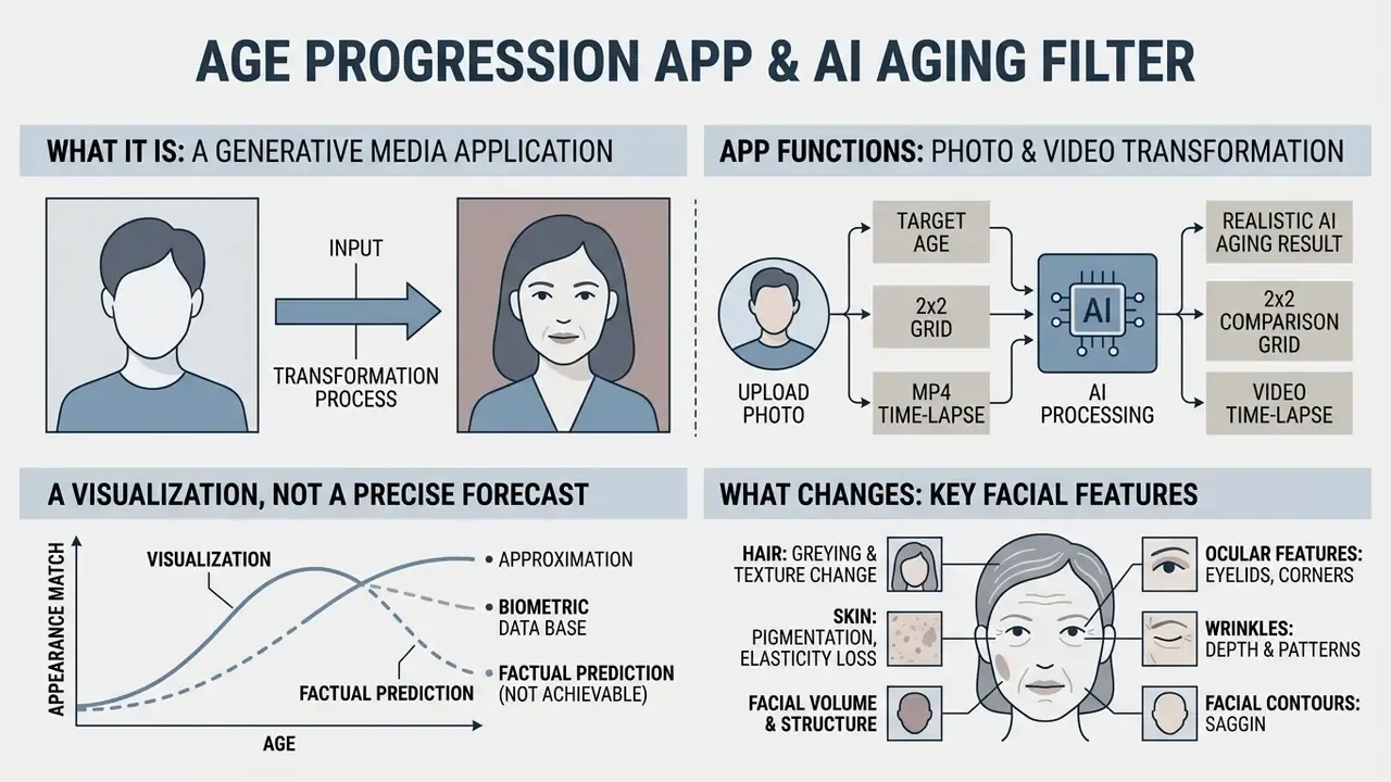 Infographic explaining how an age progression app transforms facial features using AI processing