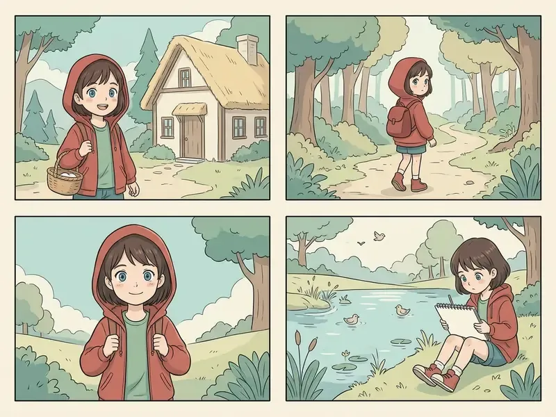 Comic book panels showing a girl in a red hoodie exploring a forest and sketching by a pond