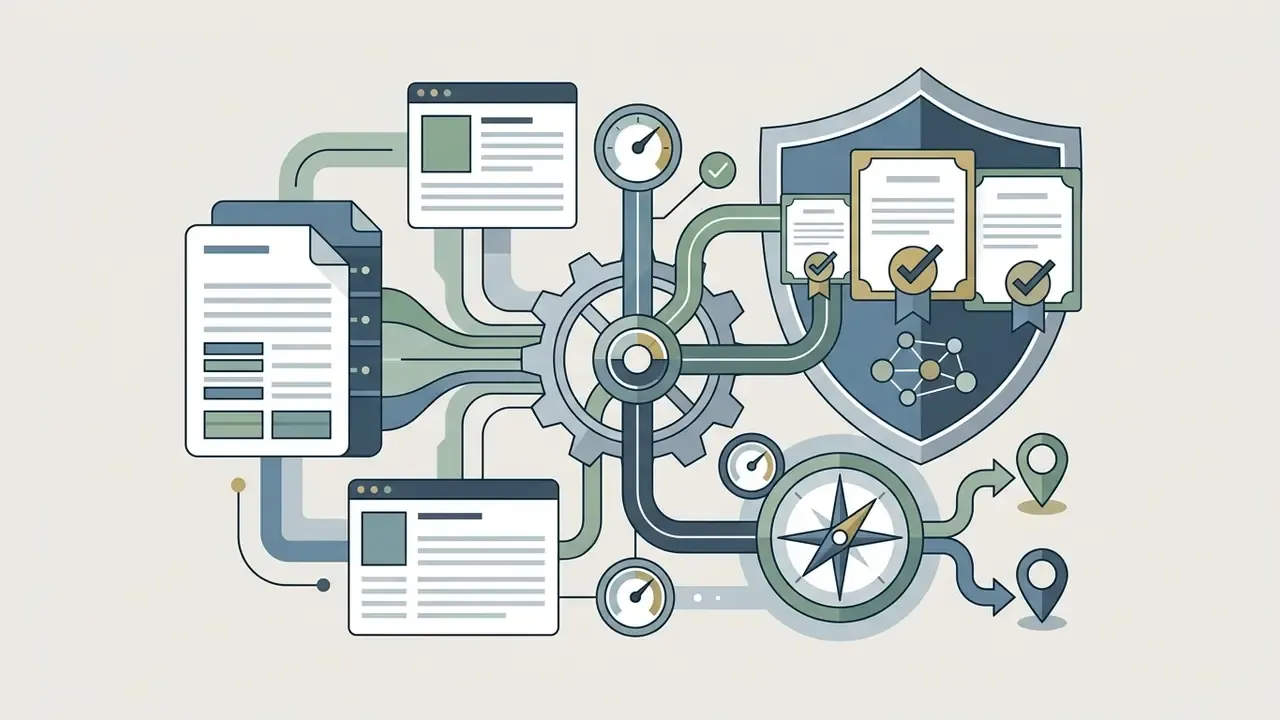 Data files and interface windows feeding into a gear and shield system with compliance certificates