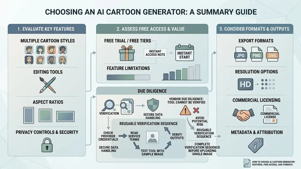 Summary guide outlining steps to evaluate tool features, assess free access, and perform vendor due diligence