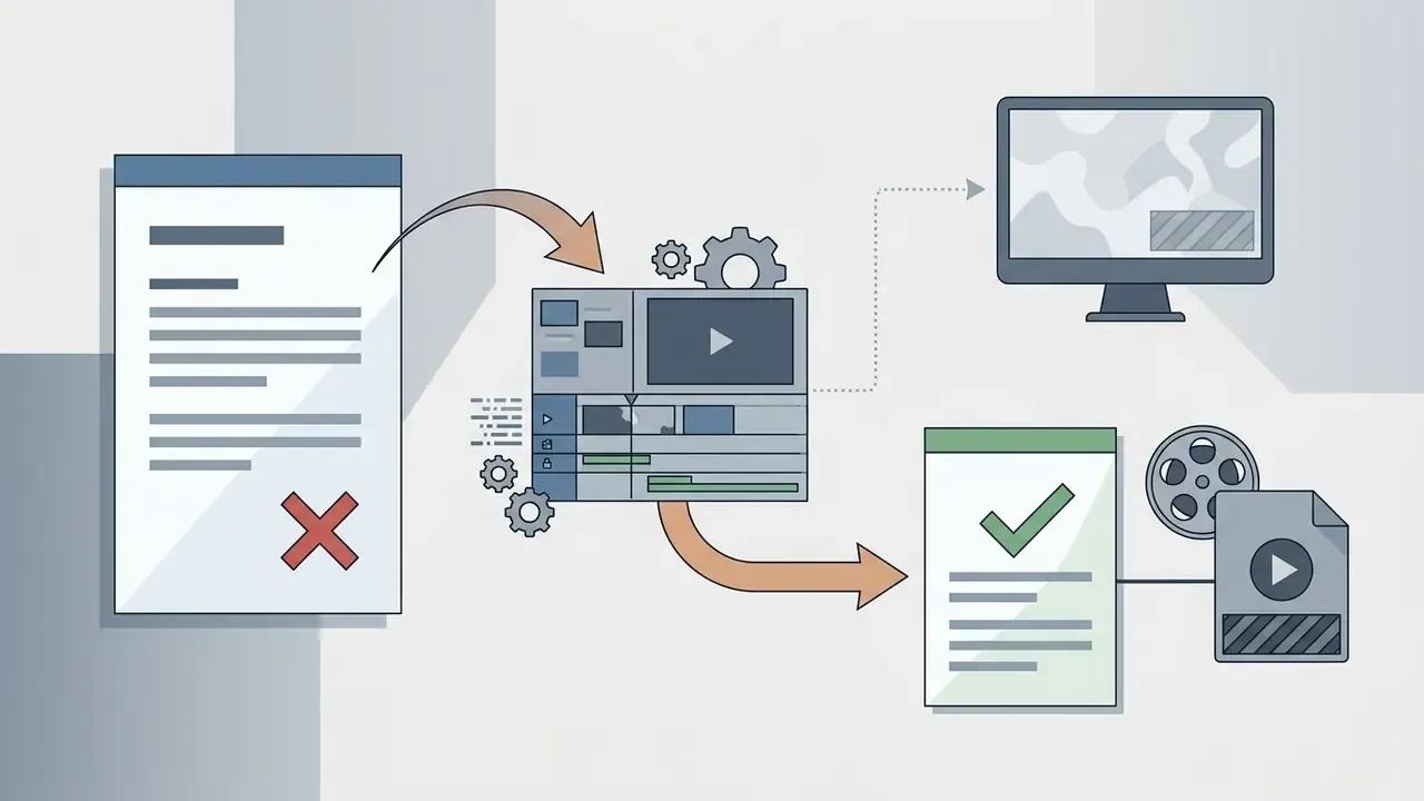 Document with an X mark feeding into a video editor that produces a marked document and a watermarked video file