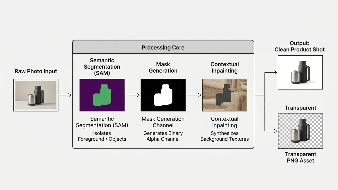 Flowchart showing raw photo input processed through segmentation, masking, and inpainting for clean output