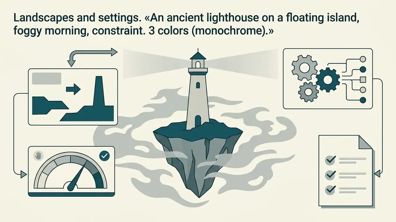 Monochrome lighthouse on a floating island surrounded by gear, gauge, and checklist icons