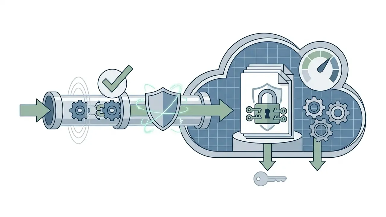 Data moving through a shielded pipe into a cloud storage environment with security locks and keys