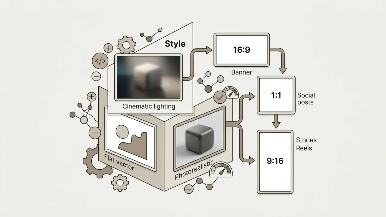 Cube with diverse artistic styles branching into various aspect ratios for banners and social media posts